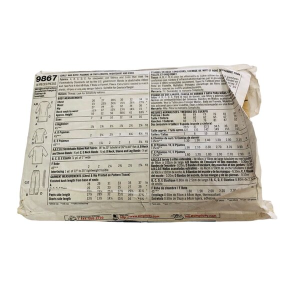 Vintage Simplicity Sewing Pattern 9867 Girls & Boys Pajamas Nighshirt Robe 7-16 - Picture 2 of 2